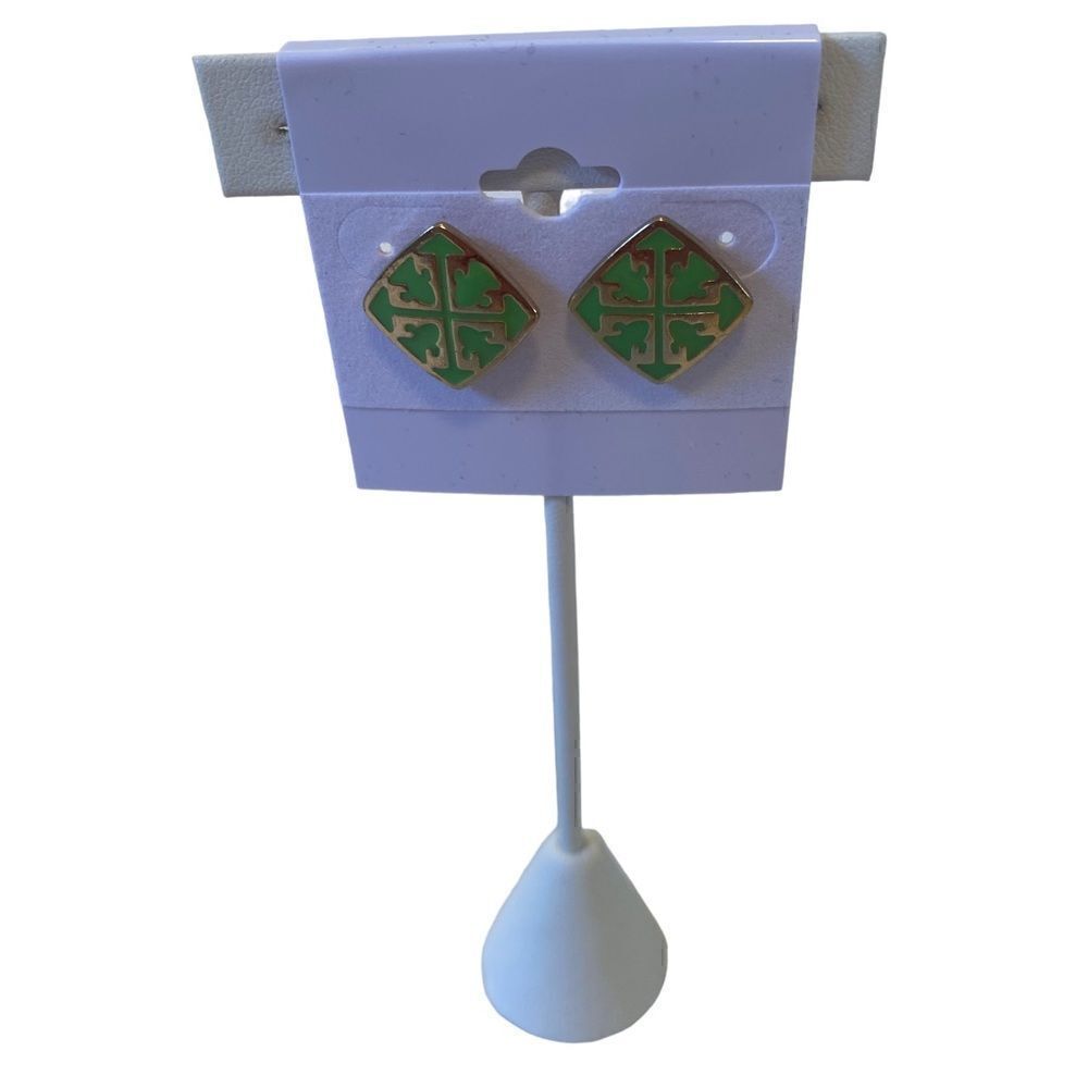 Green & Gold Toned Square Post Earrings.